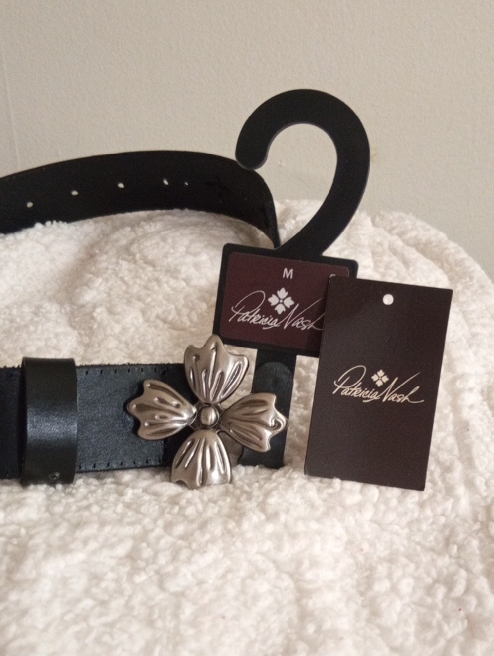 Patricia Nash Black Leather Belt with Silver Floral Concho Buckle